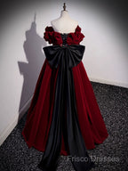A-Line Off Shoulder Velvet Lace Burgundy Long Formal Prom Dress, Burgundy Long Formal Dress