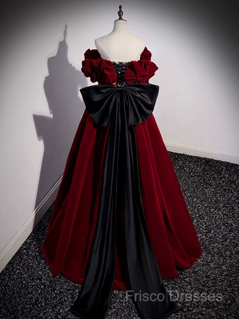 A-Line Off Shoulder Velvet Lace Burgundy Long Formal Prom Dress, Burgundy Long Formal Dress