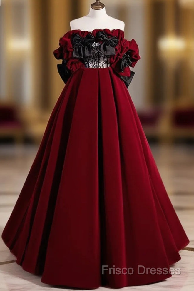 A-Line Off Shoulder Velvet Lace Burgundy Long Formal Prom Dress, Burgundy Long Formal Dress