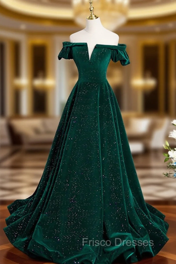 A-Line Off Shoulder Velvet Long Formal Prom Dress, Green Velvet Graduation Dress Main image