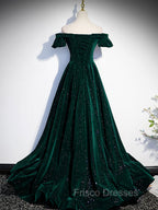A-Line Off Shoulder Velvet Long Formal Prom Dress, Green Velvet Graduation Dress