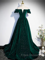 A-Line Off Shoulder Velvet Long Formal Prom Dress, Green Velvet Graduation Dress