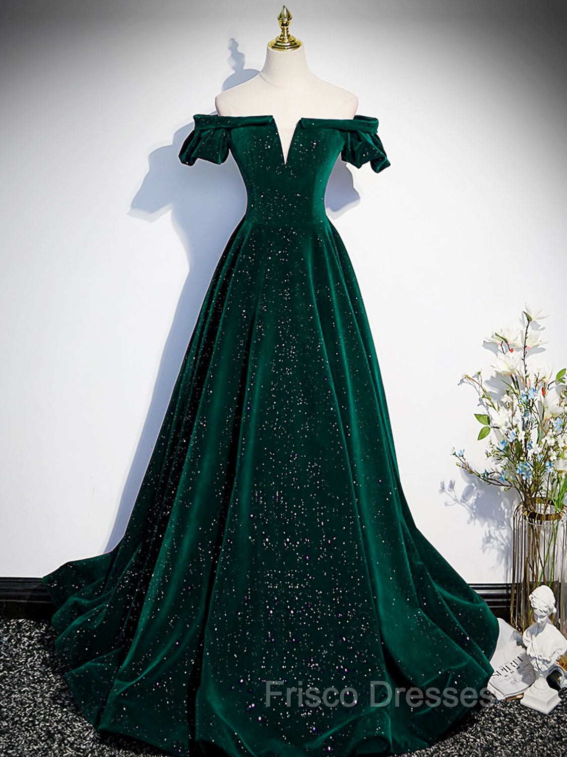 A-Line Off Shoulder Velvet Long Formal Prom Dress, Green Velvet Graduation Dress