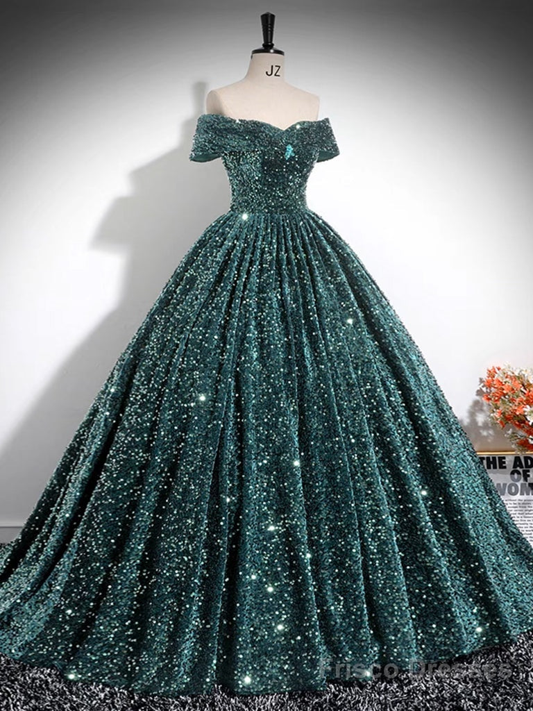 A-Line Off Shoulder Velvet Sequin Green Long Prom Dress, Green Long Formal Dress Secondary image