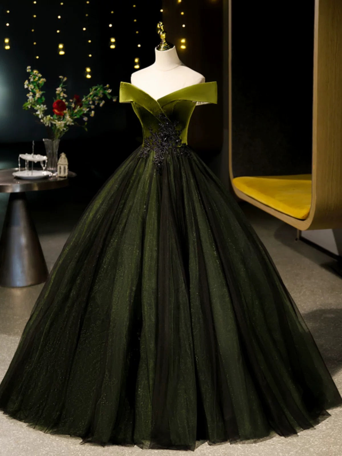 A-Line Off Shoulder Velvet Tulle Green Long Prom Dress, Green Long Formal Dress Secondary image
