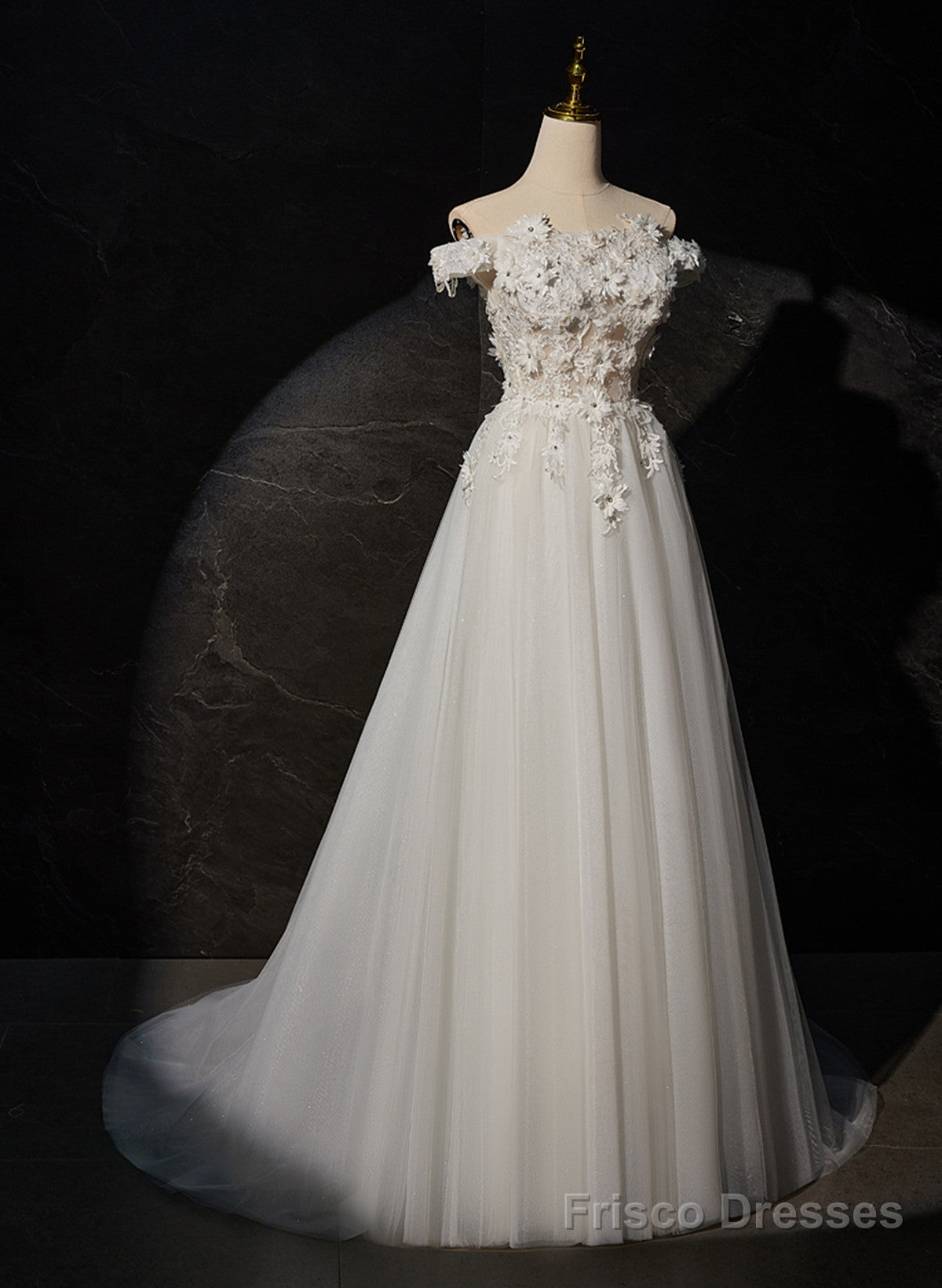 A-Line Off Shoulder White Flowers And Tulle Party Dress, White Long Formal Dress Prom Dress Secondary image