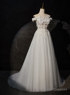 A-Line Off Shoulder White Flowers And Tulle Party Dress, White Long Formal Dress Prom Dress