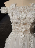 A-Line Off Shoulder White Flowers And Tulle Party Dress, White Long Formal Dress Prom Dress