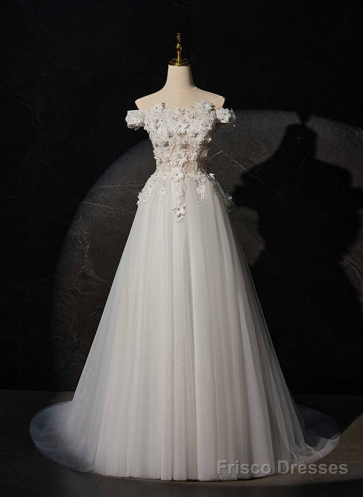 A-Line Off Shoulder White Flowers And Tulle Party Dress, White Long Formal Dress Prom Dress Main image