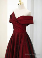 A-Line Off Shoulder Wine Red Tulle Long Party Dress, Wine Red And Black Prom Dress