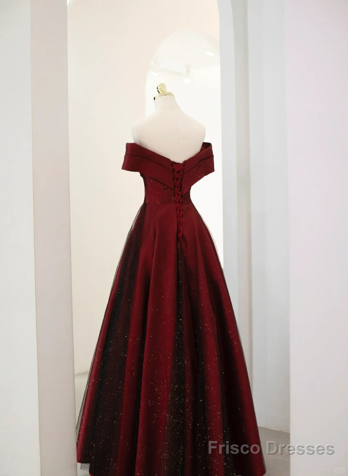 A-Line Off Shoulder Wine Red Tulle Long Party Dress, Wine Red And Black Prom Dress