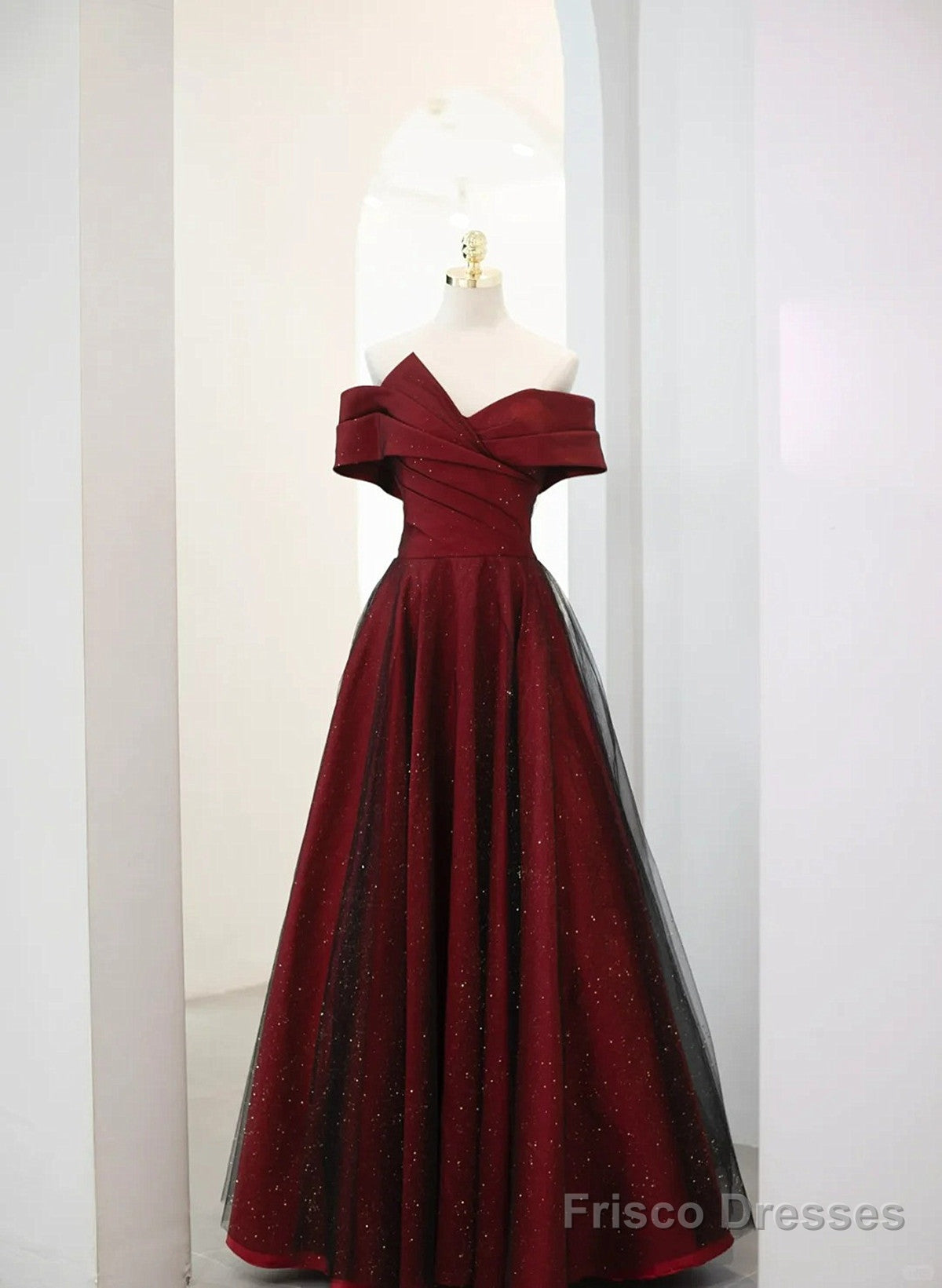 A-Line Off Shoulder Wine Red Tulle Long Party Dress, Wine Red And Black Prom Dress