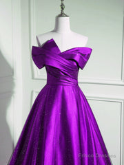 A-Line Off Shouolder Black And Purple Satin Party Dress, Long Prom Dress