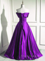 A-Line Off Shouolder Black And Purple Satin Party Dress, Long Formal Prom Dress