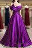 A-Line Off Shouolder Black And Purple Satin Party Dress, Long Formal Prom Dress