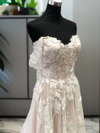 A-Line Off-The-Shoulder Appliques Lace Court Train Tulle Wedding Dress