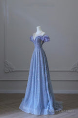 A Line Off The Shoulder Blue Long Prom Dress Evening Dresses