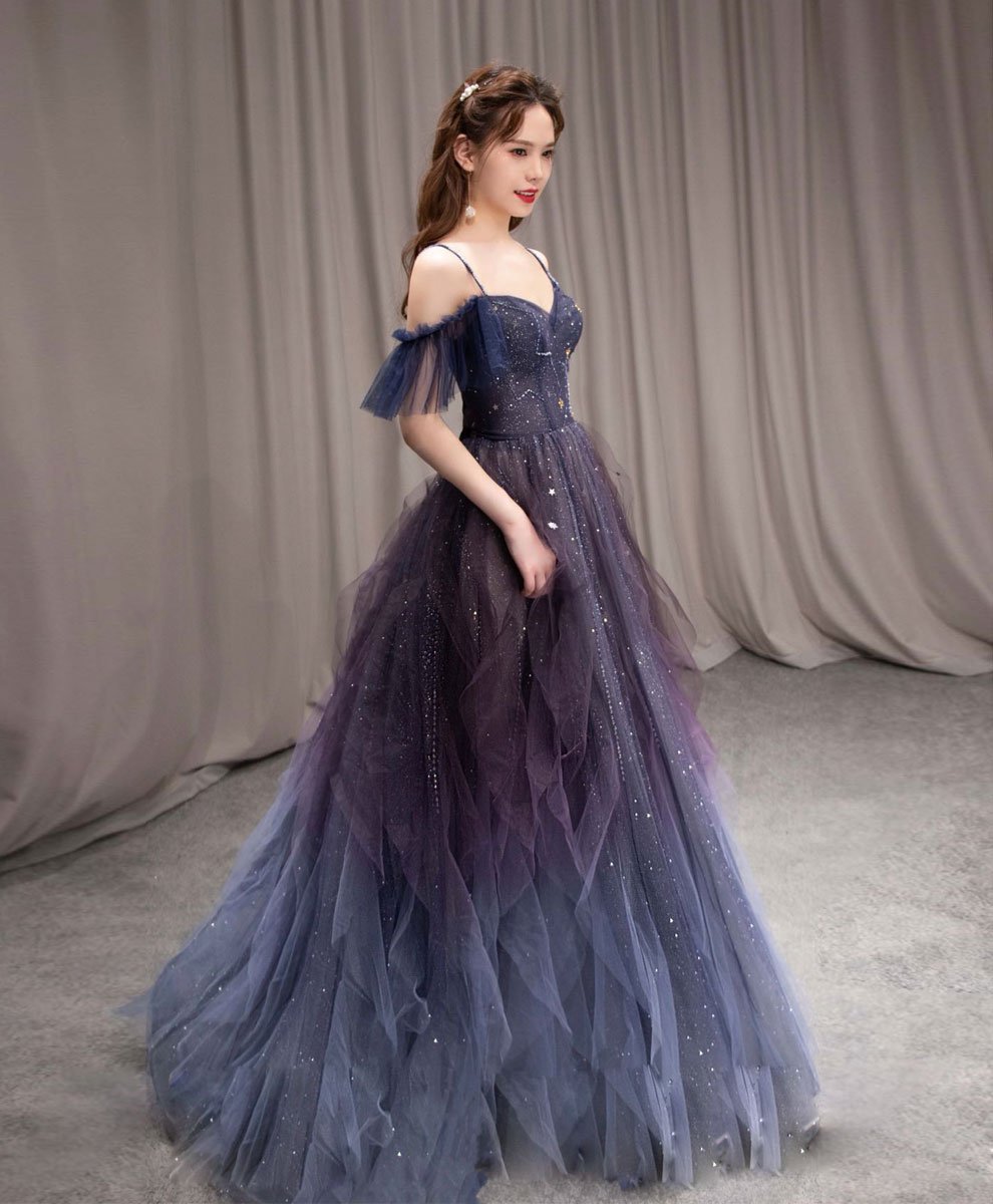 A Line Off The Shoulder Blue Purple Gradient Color Tulle Prom Dresses, Tulle Formal Dresses Secondary image