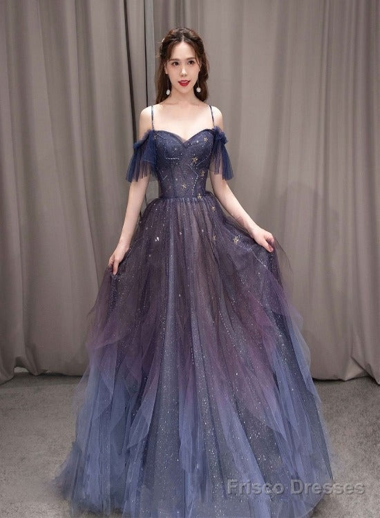 A Line Off The Shoulder Blue Purple Gradient Color Tulle Prom Dresses, Tulle Formal Dresses Main image