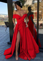 A-line Off-the-Shoulder Cap Straps Sweep Train Satin Prom Dresses With Pleated Split