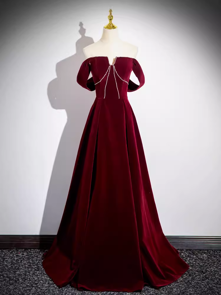 A line Off The Shoulder Evening Party Dress Velvet Prom Dress Main image