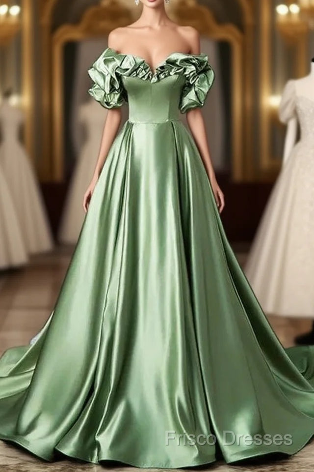 A-Line Off The Shoulder Formal Satin Long Formal Dress Formal Prom Dress