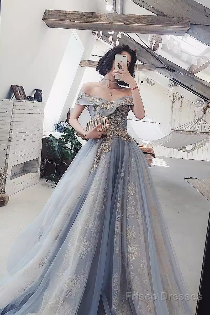 A Line Off The Shoulder Gray Prom Dresses Long Evening Dress