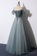 A-Line Off The Shoulder Grey Tulle Prom Dress Evening Dress