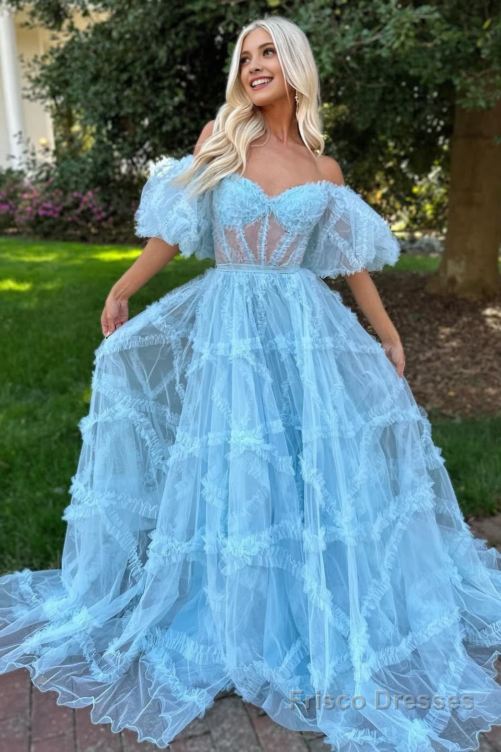 A Line Off the Shoulder Light Blue Tulle Corset Prom Dress with Bowknot Main image