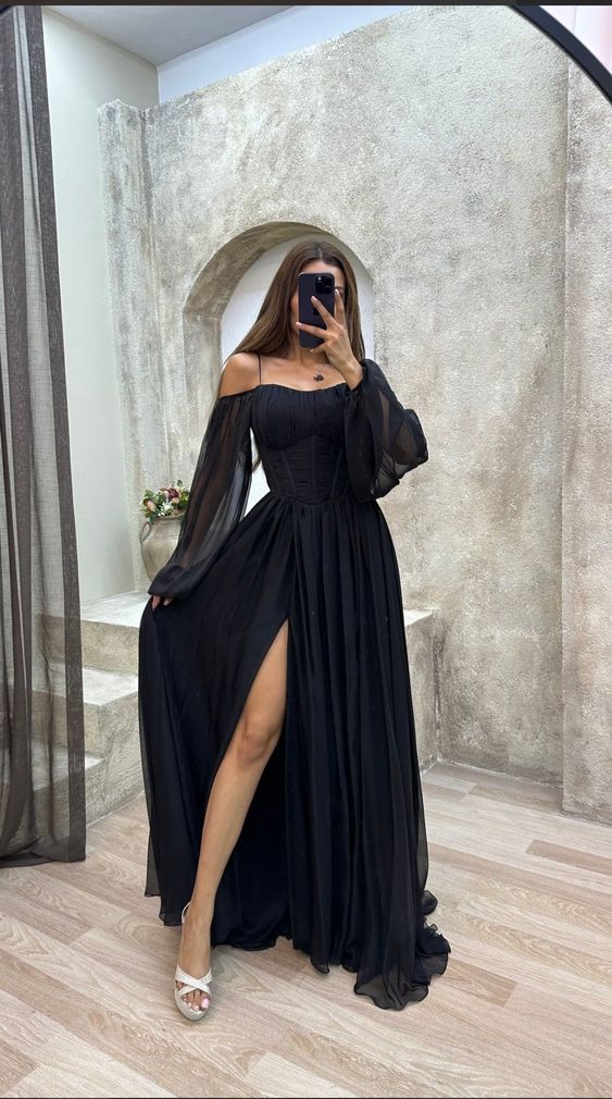 A Line Off The Shoulder Long Black Slit Prom Dress 21Th Birthday Outfits