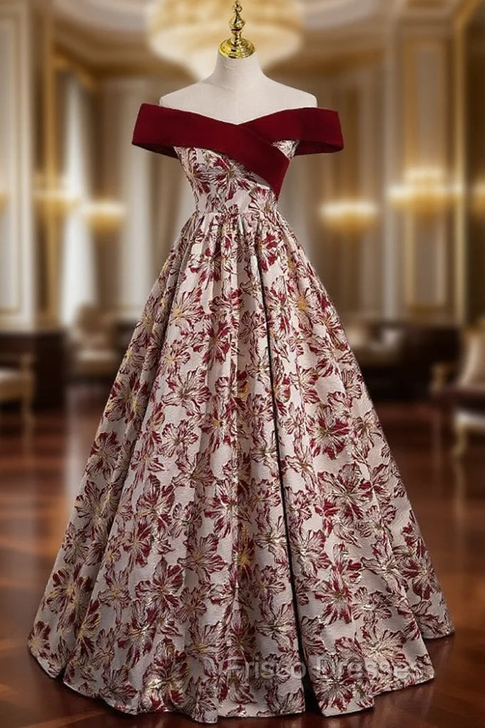 A-Line Off the Shoulder Print Formal Prom Dress