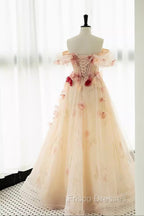 A Line Off the Shoulder Formal Prom Dress with Flowers, Charming Tulle Party Gown