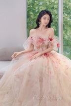 A Line Off the Shoulder Formal Prom Dress with Flowers, Charming Tulle Party Gown