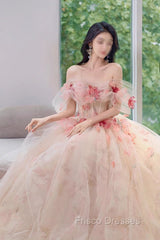 A Line Off the Shoulder Formal Prom Dress with Flowers, Charming Tulle Party Gown
