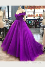A Line Off The Shoulder Purple Tulle Formal Prom Dress Long Formal Gown