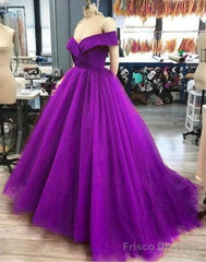 A Line Off The Shoulder  Purple Tulle Prom Dresses Long Evening Gown