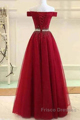 A-Line Off The Shoulder Red Tulle Formal Prom Dress Evening Dress With Beading,