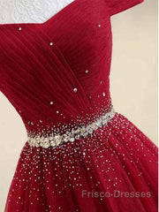 A-Line Off The Shoulder Red Tulle Formal Prom Dress Evening Dress With Beading,
