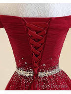 A-Line Off The Shoulder Red Tulle Formal Prom Dress Evening Dress With Beading,