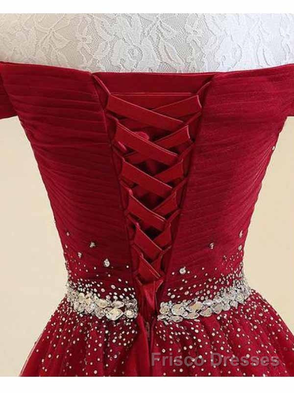 A-Line Off The Shoulder Red Tulle Formal Prom Dress Evening Dress With Beading,