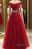 A-Line Off The Shoulder Red Tulle Formal Prom Dress Evening Dress With Beading,