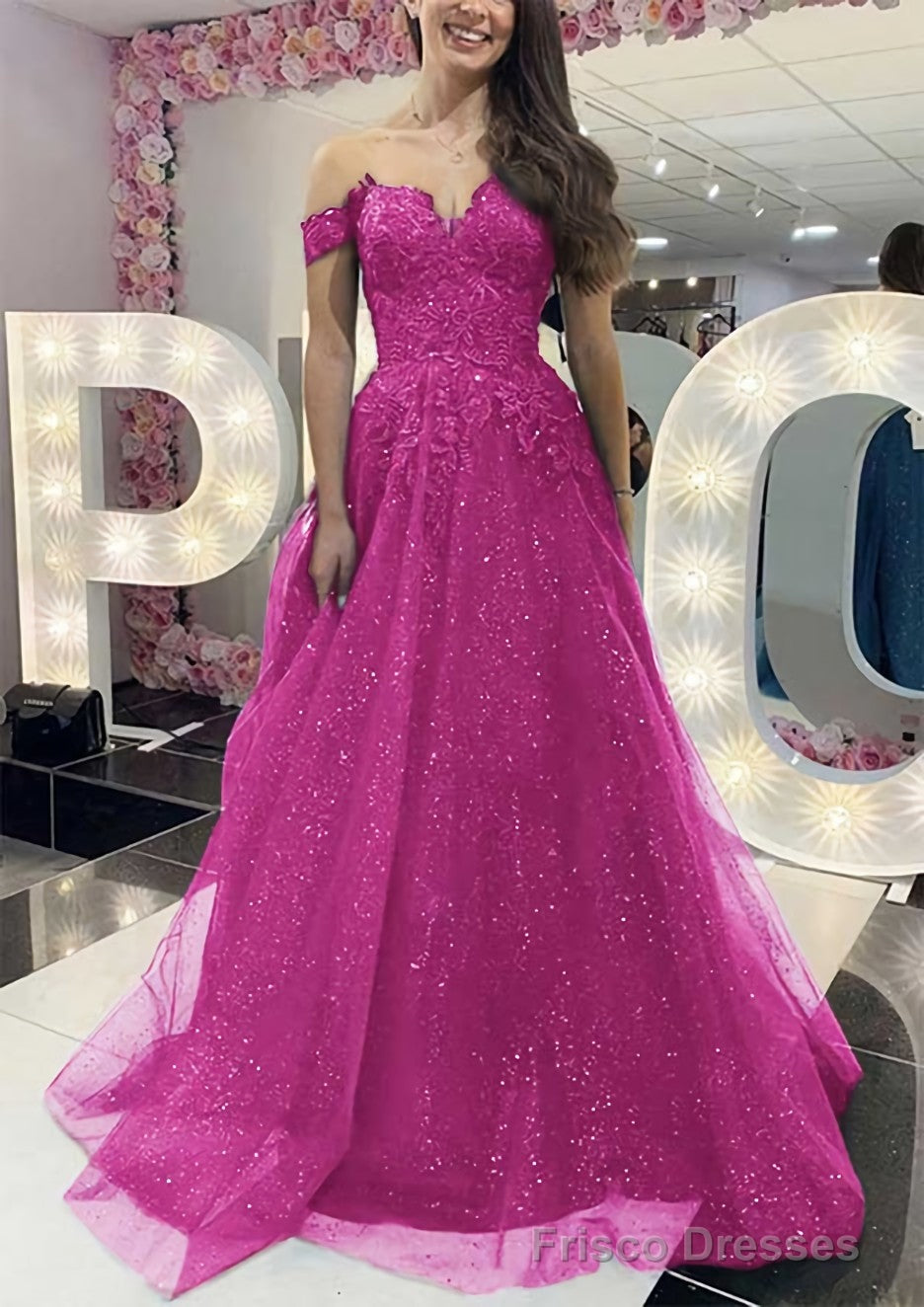 A-line Off-the-Shoulder Regular Straps Long/Floor-Length Tulle Prom Dresses With Appliqued Glitter