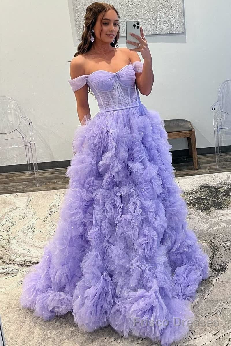 A Line Off the Shoulder Ruffled Tulle Prom Dress with Slit Main image