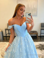 A Line Off the Shoulder Satin Lace Prom Dress