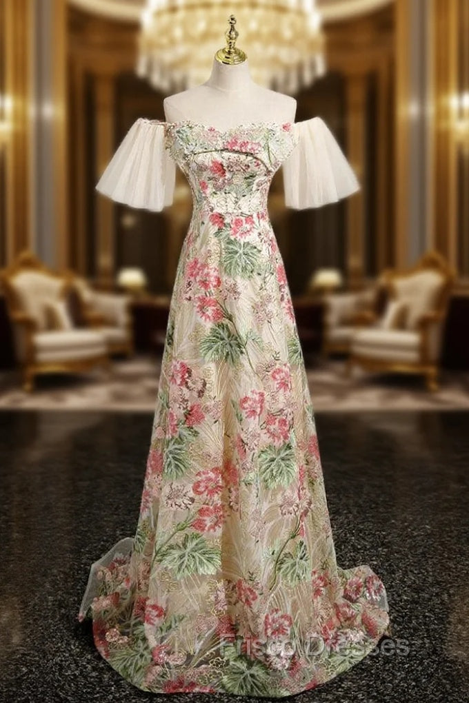 A-LIne Off the Shoulder Sequins Pearls Formal Prom Dress