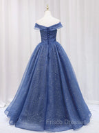 A Line Off the Shoulder Shiny Blue Long Formal Prom Dress, Off Shoulder Shiny Blue Formal Evening Dress