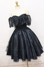 A-Line Off The Shoulder Short Black Lace Homecoming Dress