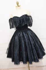 A-Line Off The Shoulder Short Black Lace Homecoming Dress