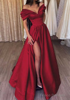 A-line Off-the-Shoulder Short Sleeve Satin Long/Floor-Length Prom Dresses With Ruffles Split