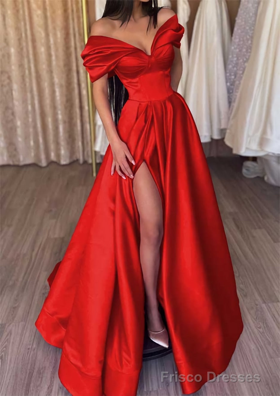 A-line Off-the-Shoulder Short Sleeve Satin Long/Floor-Length Prom Dresses With Ruffles Split